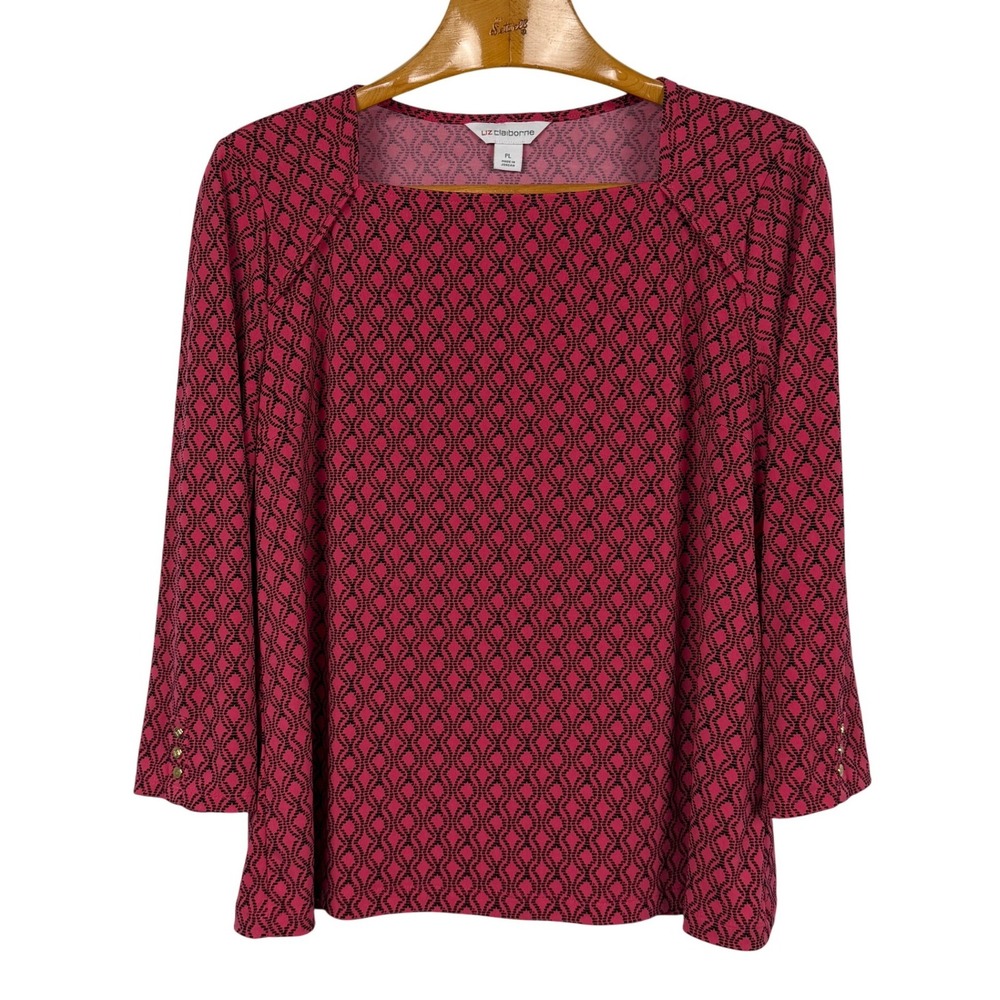 Liz Claiborne Geometric Print Square Neck Top PL Pink Black 3/4 Sleeve Blouse